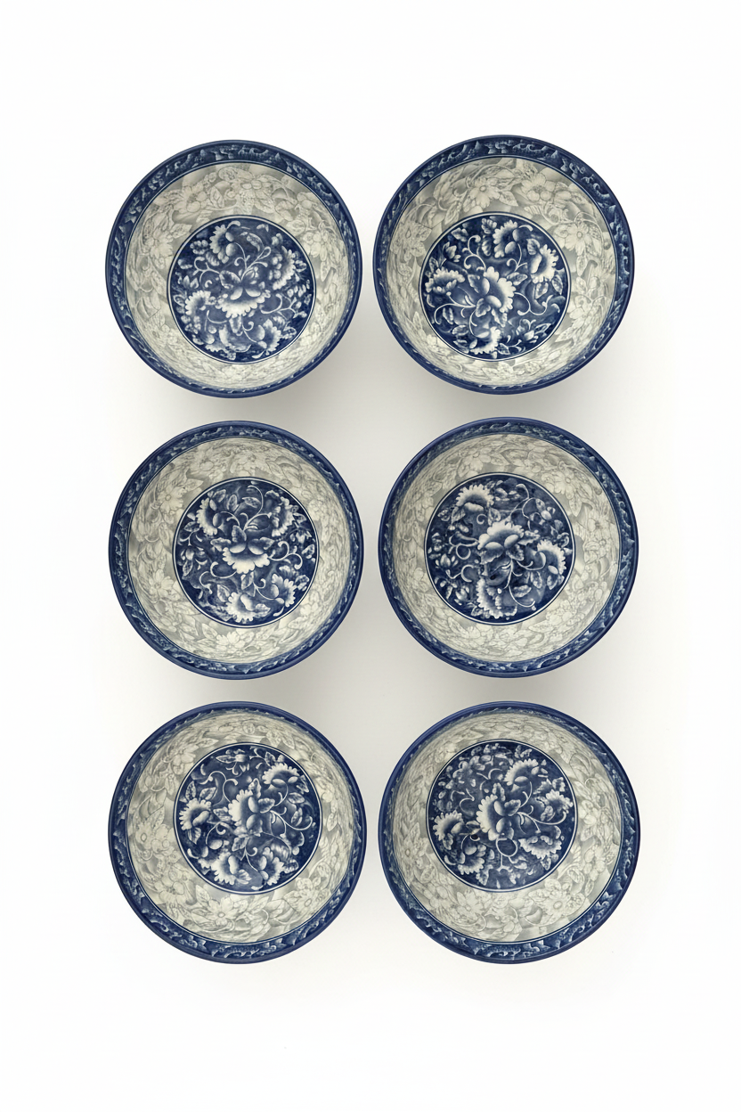 6 Blue & White Ceramic Bowls on White Background