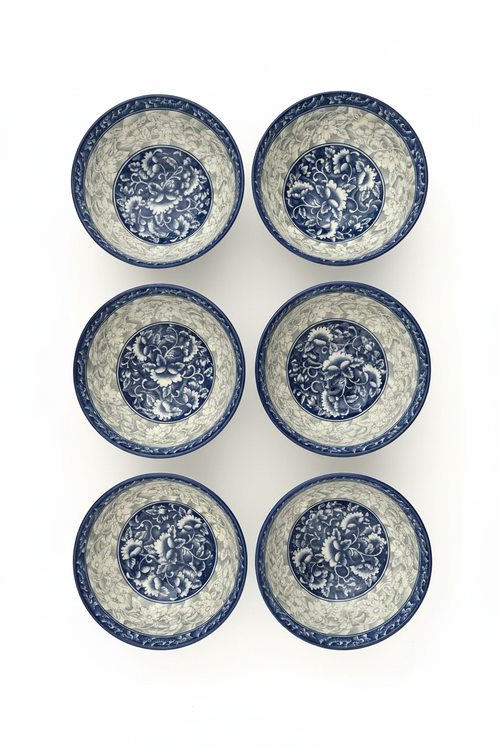 6 Blue & White Ceramic Bowls on White Background