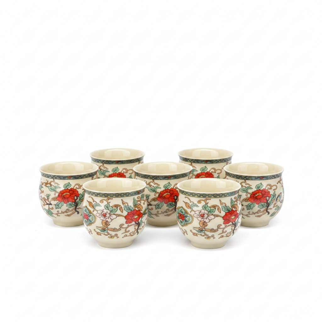 6 oriental tea cups on white background
