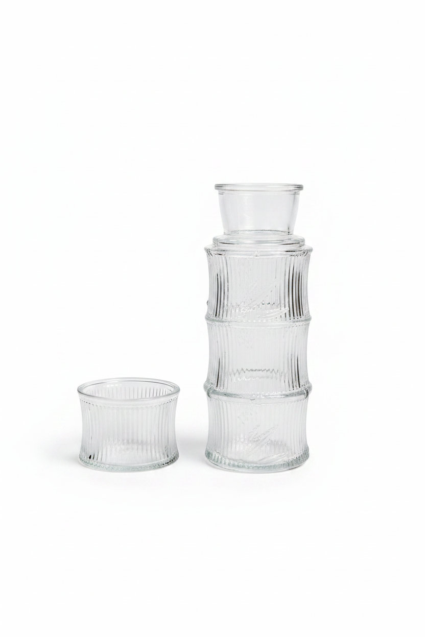 Bamboo Ribbed Glass Jar with Cup- 650mL jar, 150mL cup