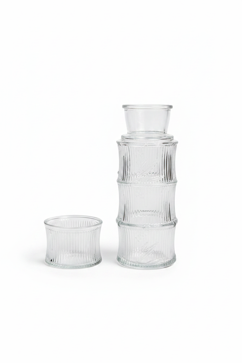 Bamboo Ribbed Glass Jar with Cup- 650mL jar, 150mL cup