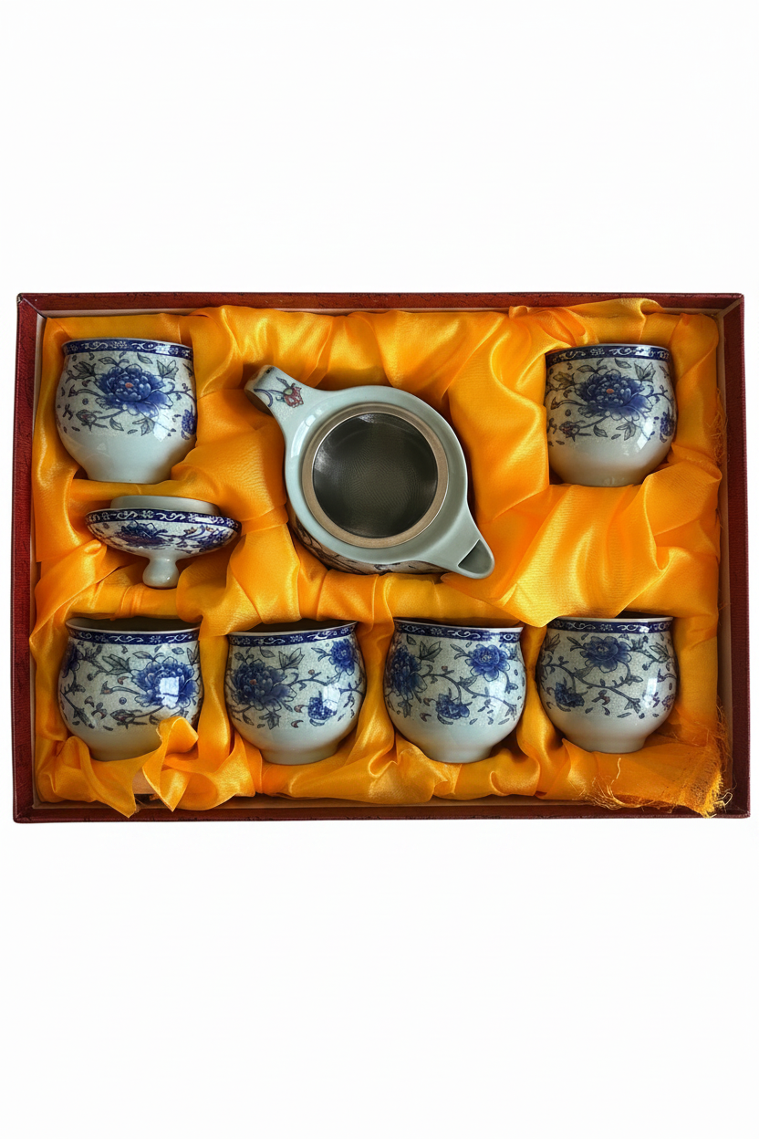 Blue Peony Porcelain Tea Set – 8-Piece Gift Set- tea pot: 250ml tea cup: 40ml