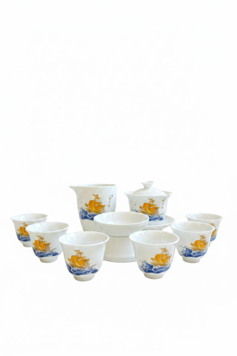 Golden Ship Tea Set with Teal Gift Bag