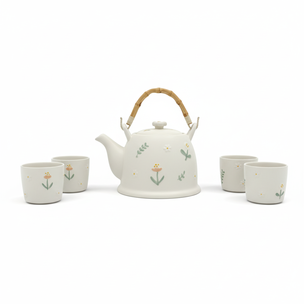 Bamboo Handle Floral Tea Set 4 cups