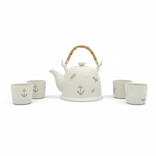Bamboo Handle Floral Tea Set 4 cups