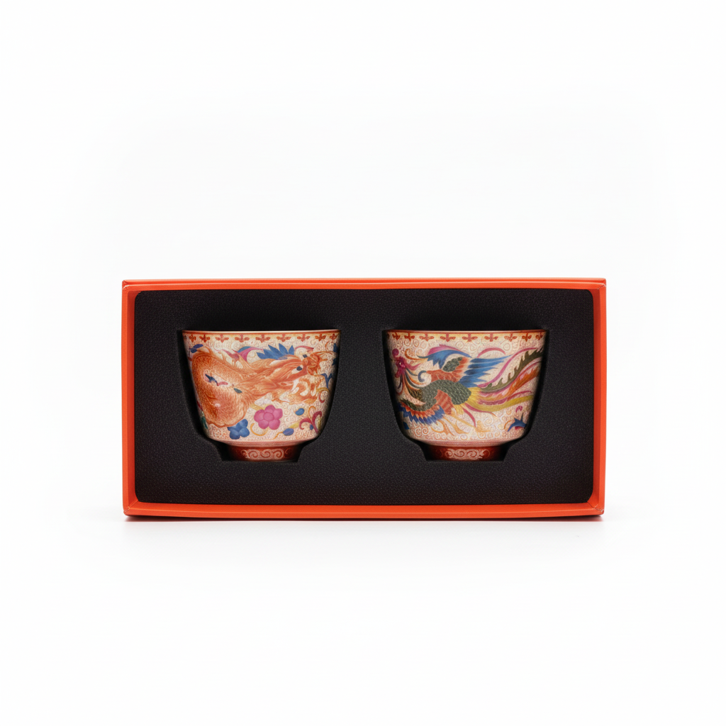 Dragon & Phoenix Cup Set in Gift Box - White Background