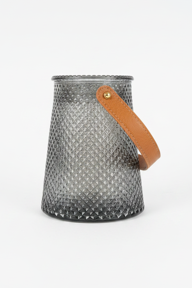 Diamond-Textured Glass Vase with Leather Handle