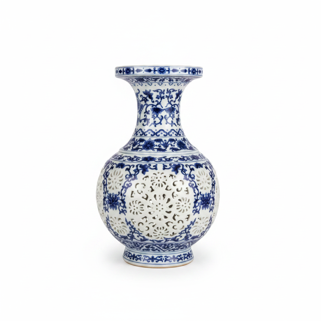 Blue & White Chinese Porcelain Reticulated Vase – 24 cm