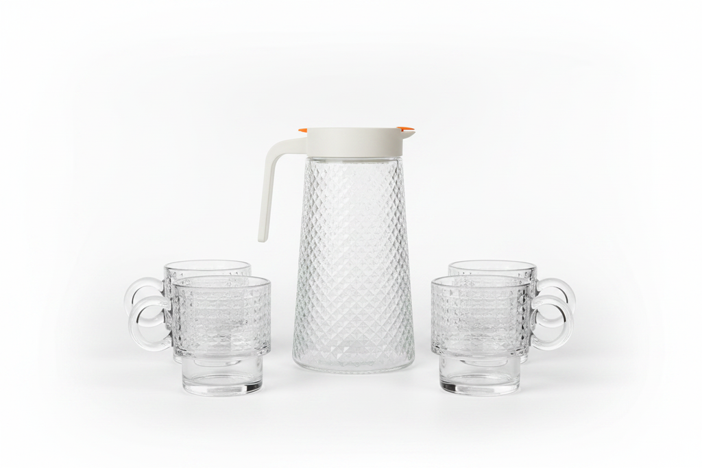 Diamond Texture Glass Jug & Cup Set – 1200ml Jug / 300ml Cups