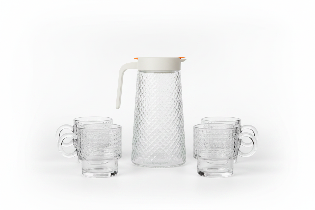 Diamond Texture Glass Jug & Cup Set – 1200ml Jug / 300ml Cups