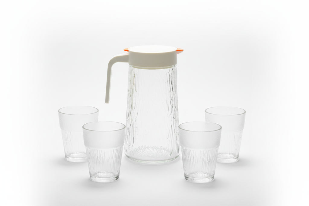 Bark Texture Glass Jug & Cup Set – 1200ml Jug / 190ml Cups