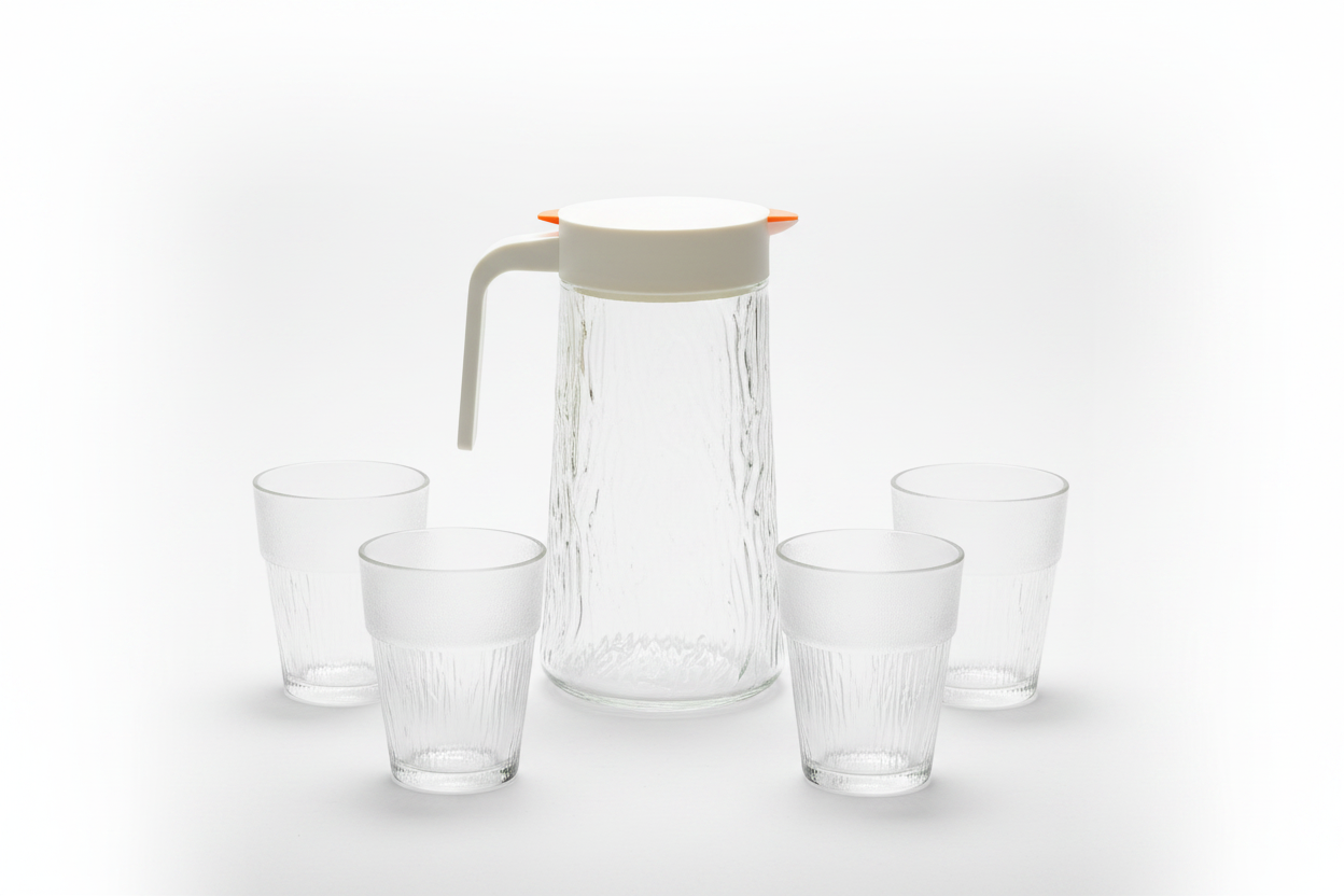 Bark Texture Glass Jug & Cup Set – 1200ml Jug / 190ml Cups