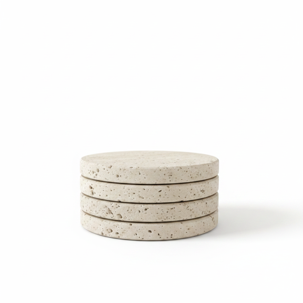Natural Travertine Stone Coasters – Round Set of 4