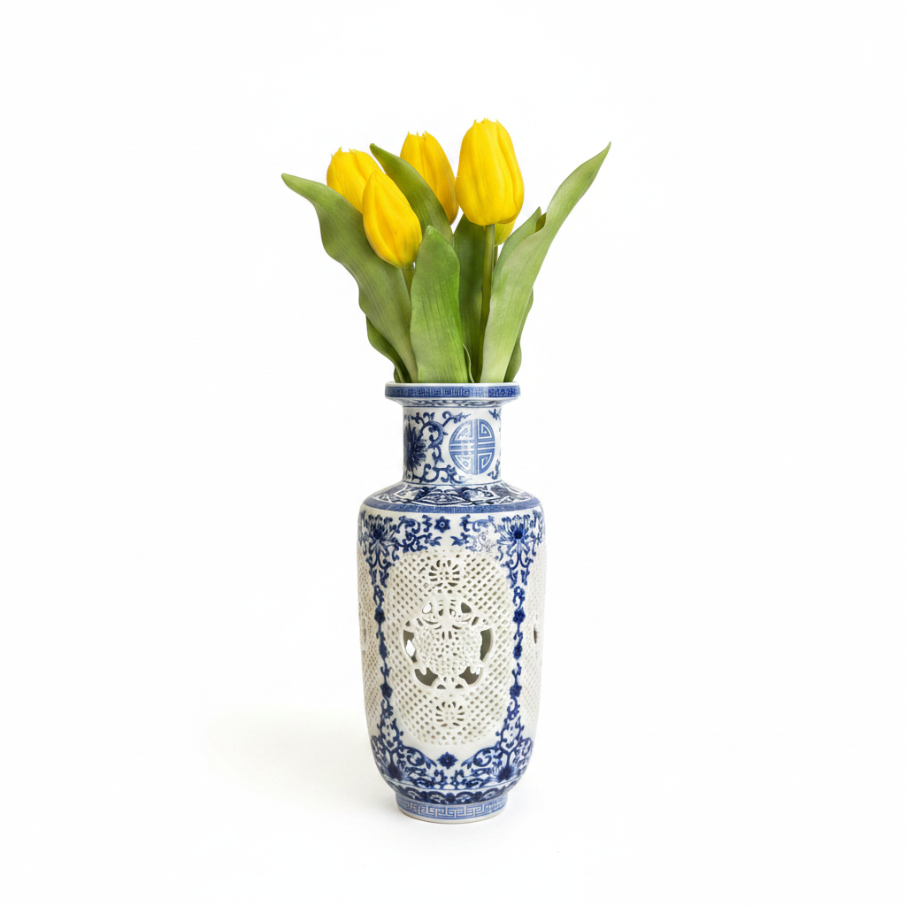 Blue & White Chinese Porcelain Reticulated Vase – 24 cm