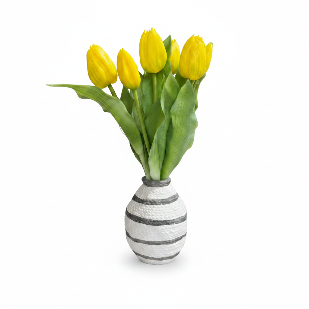 Striped Ceramic Vase with Yellow Tulips