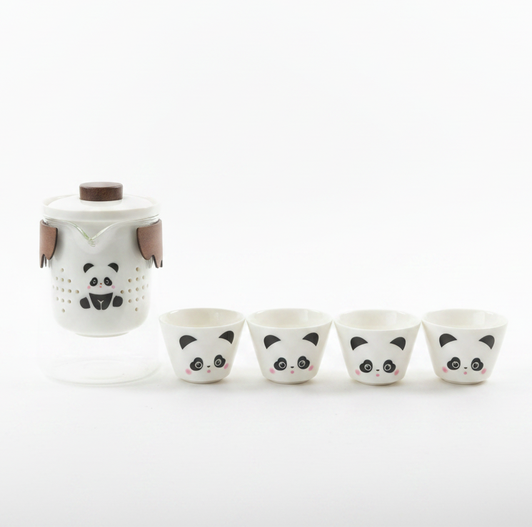 Panda Tea Set – Glass Teapot with Ceramic Infuser & 4 Cups