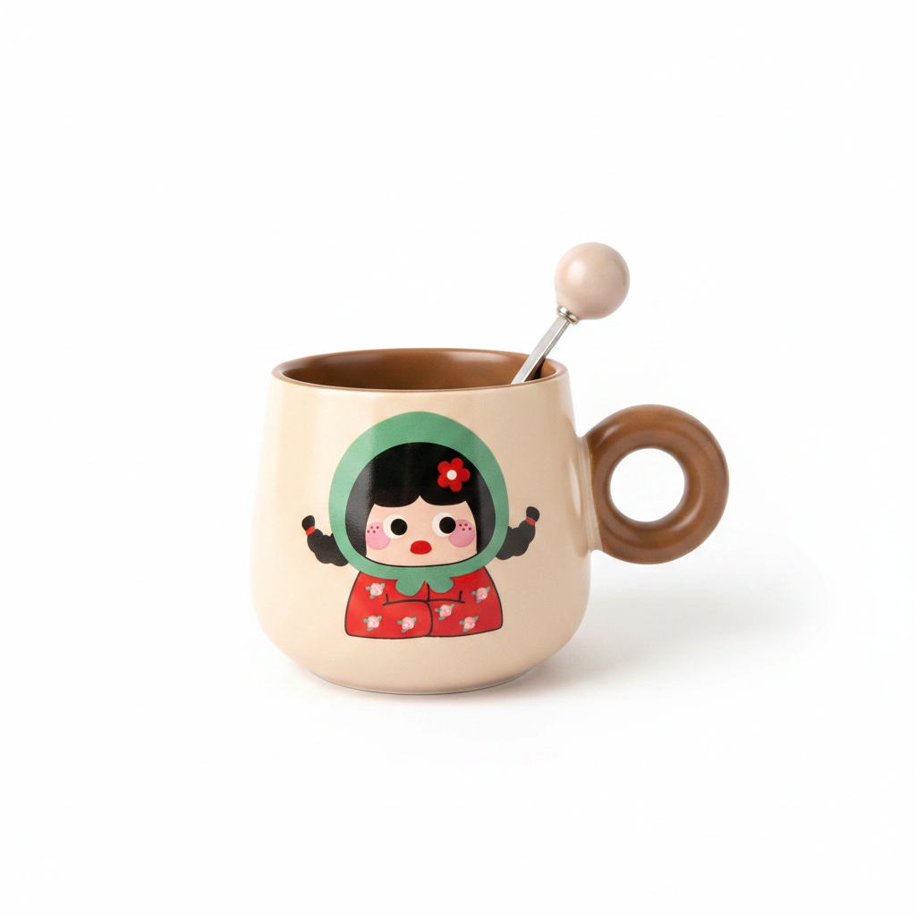 Cartoon Character Ceramic Mug with Spoon