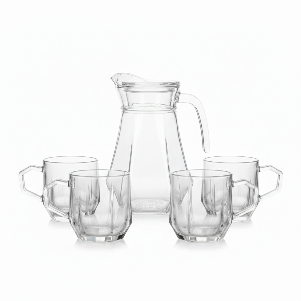 Faceted Glass Jug & Cup Set – 1200ml / 240ml