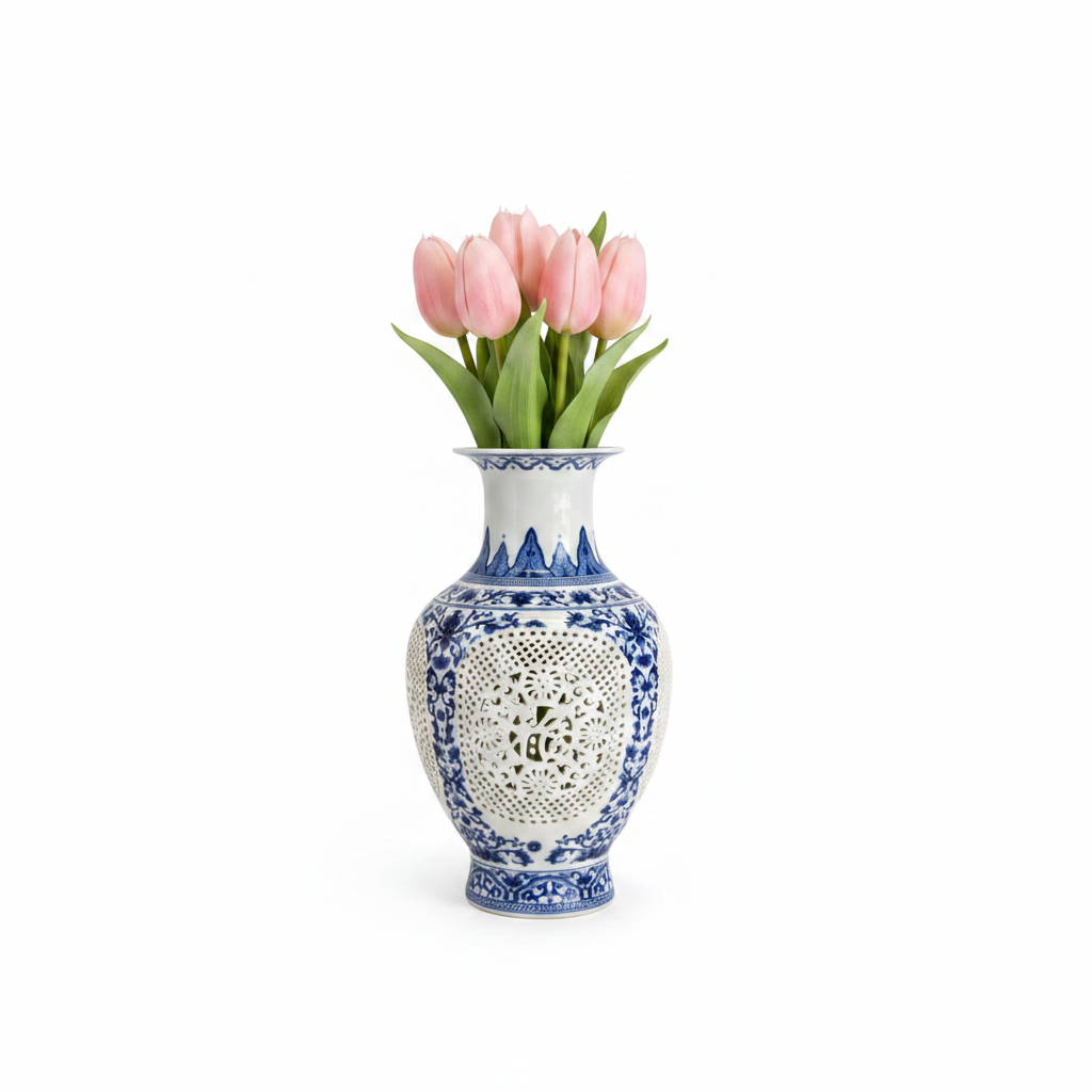 Blue & White Chinese Porcelain Reticulated Vase – 24 cm