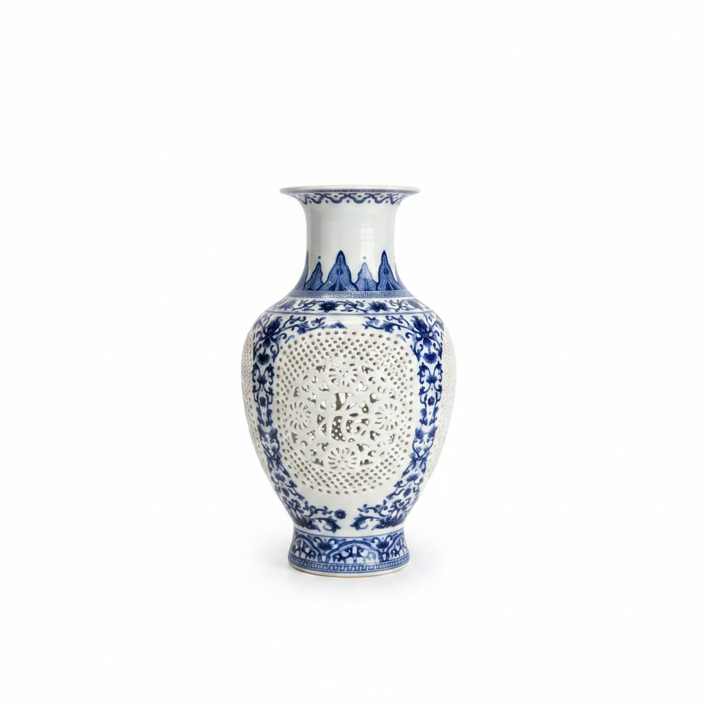 Blue & White Chinese Porcelain Reticulated Vase – 24 cm