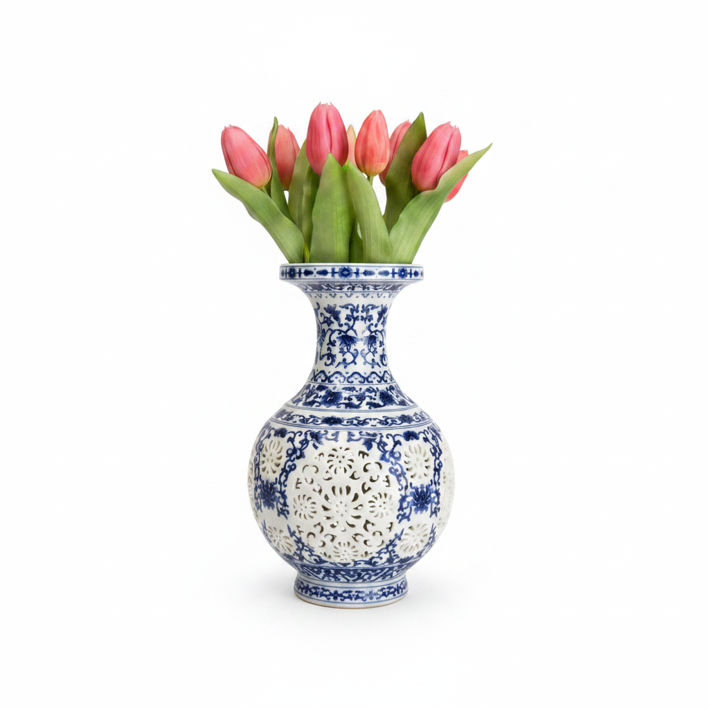 Blue & White Chinese Porcelain Reticulated Vase – 24 cm