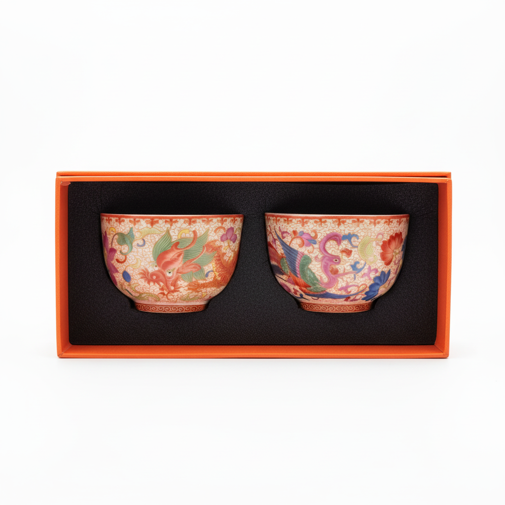 Phoenix & Dragon Famille Rose Tea Cup Set