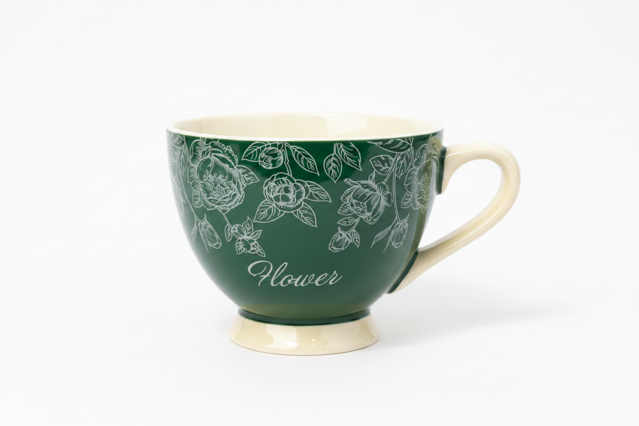 Flower Engraved Green Ceramic Mug 400ml