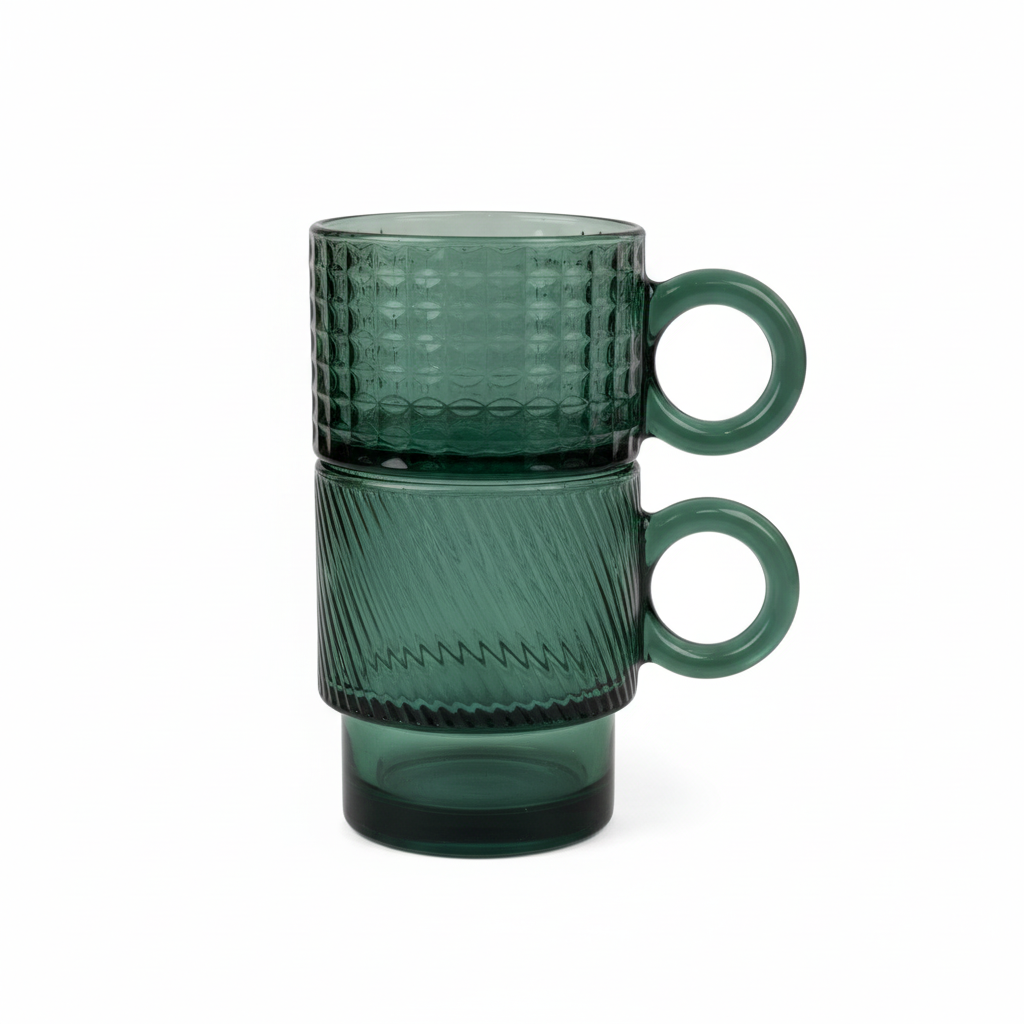 Dark Green Glass Stackable Mugs – Set of 2