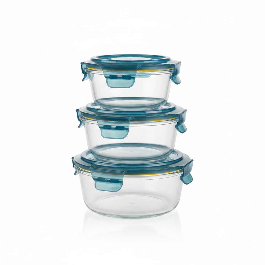 Stacked glass containers on white background